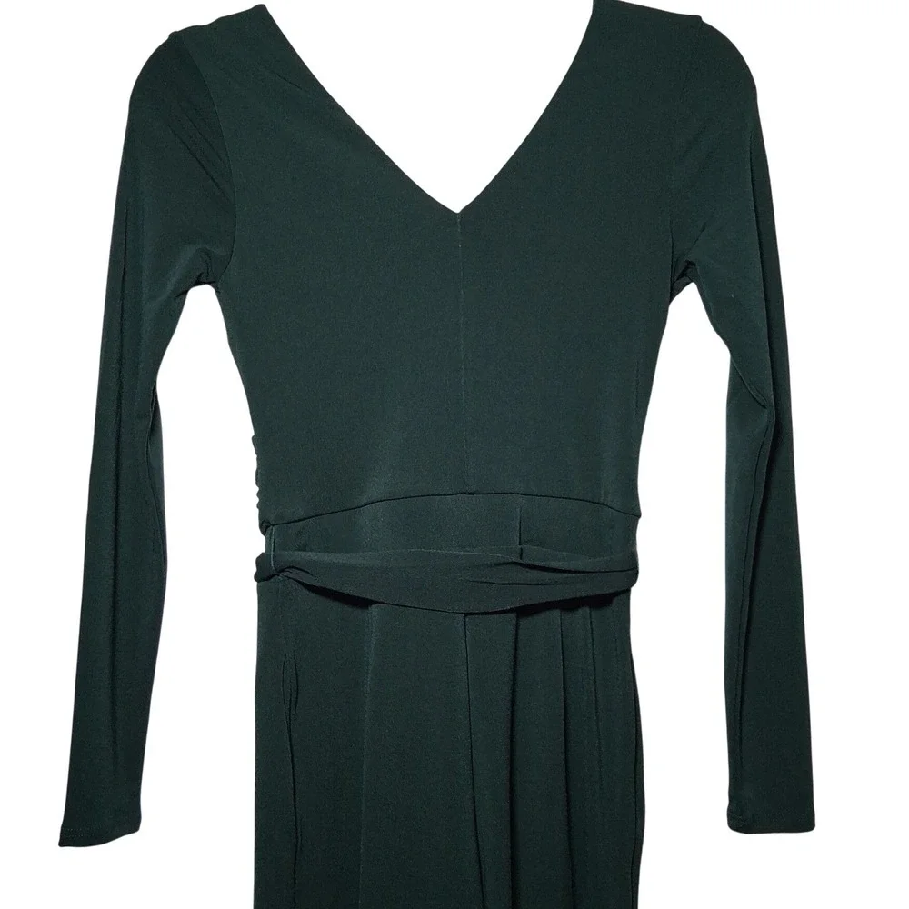 NWT ModCloth Dark Green Surplice Long Sleeve Wide Leg Jumpsuit XXS‎ Retro Party